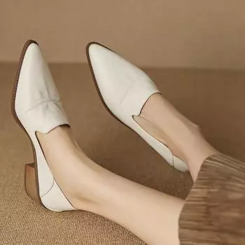 Супермягкие женские туфли-лоферы из мягкой кожи французские остроносые маленькие кожаные туфли на среднем каблуке толстые одинарные туфли 35 коричневый