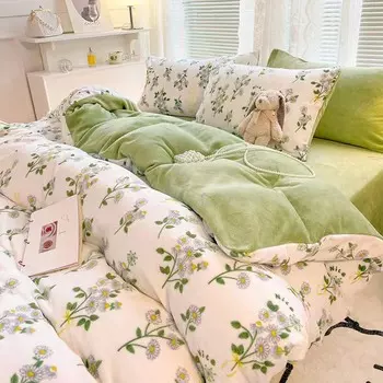 Супермягкий фланелевой комплект постельного белья из плотного бархата, пододеяльник, двухсторонняя простыня, королевский размер, пододеяльник из кораллового флиса 1.5m bed(4pcs set)