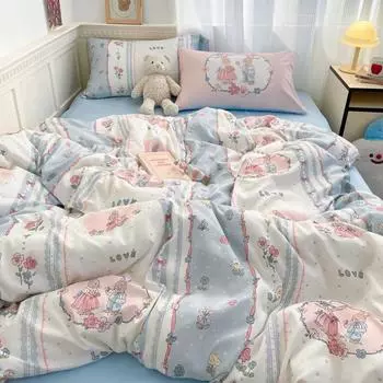 Супермягкий комплект из хлопка Cloud Washed из четырех предметов, простыня для общежития с рисунком из мультфильма, постельное белье из трех предметов 1.2m bed