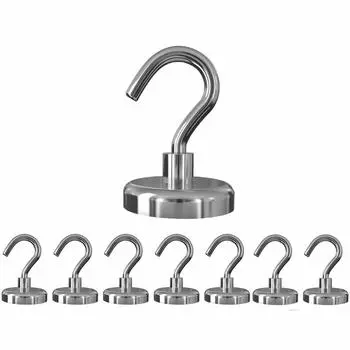 Суперпрочный магнитный крючок Cosego 8 штук Вертикальная грузоподъемность 22 кг Диаметр металлического магнита в комплекте для коммерческого настенного хранения Серебро 2,5 см