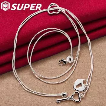 Супертонкое ожерелье из стерлингового серебра 925 пробы с ключом и замком в форме сердца, цепочка в виде змеи, женская свадебная мода, очаровательные ювелирные изделия 45cm