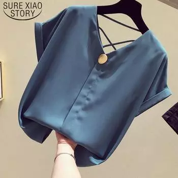 SURE XIAO STORY, однотонная шифоновая блузка с v-образным вырезом, женская Blusas Mujer De Moda, лето 2020, корейское короткое платье S синий