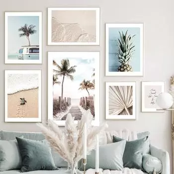 Surf Van Sunrise Path Бежевый Palm Спокойная волна Ананас Wall Art Print Холст Картина Скандинавский плакат Декор Фотографии для гостиной A4 21X30cm No Framed