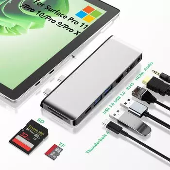 Surface Pro9 Hub 4K Thunderbolt 4 Display 40G Data 100W 100M SD TF карта мм Audio Surface Pro 9 Hub Triple Display Pro Surface Pro 9 Conversion Adapter