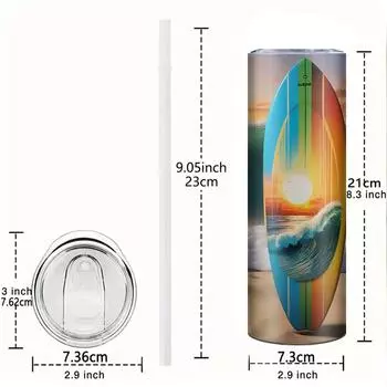 Surfboard Pattern 20oz Sublimation Water Tumblers Stainless Steel Insulated Straight Cups With Lid&Straw Summer Travel Drinkware 20oz