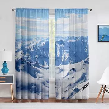 Сюрреалистические пейзажи холодного сезона, высокие снежные горные вершины, прозрачные шторы из вуали для кухни, гостиной, спальни, тюлевые шторы, декор 1 PCS W100XH250cm&Rod Pocket