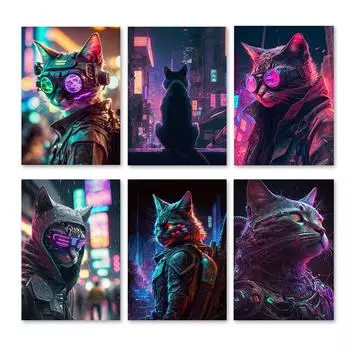 Сюрреализм Стиль игры Красивый Кот Плакаты и принты Холст Картина Настенная картина для гостиной Спальня Украшение дома 21x30cm No Framed