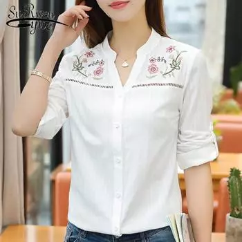 SURWENYUE модная белая женская рубашка с длинными рукавами и v-образным вырезом, одежда с вышивкой, женские топы больших размеров M белый