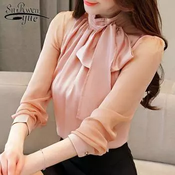 SURWENYUE модная однотонная шифоновая женская блузка рубашка 2019 рубашка с длинными рукавами офисная блузка женские топы S белый