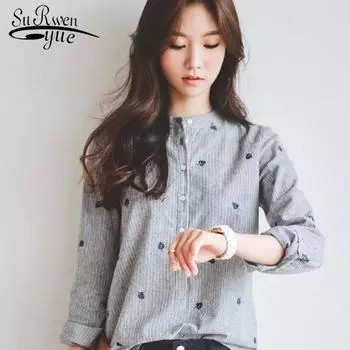 SURWENYUE модная серая полосатая рубашка с длинными рукавами и вышивкой листьев, женская одежда, офисные женские топы S