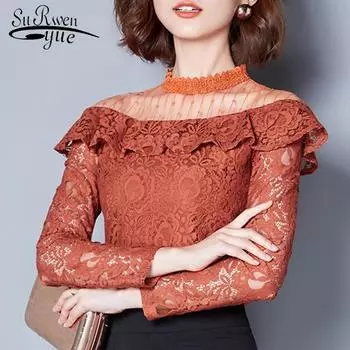 SURWENYUE модная сексуальная кружевная блузка с длинными рукавами, женская рубашка, женские топы, женская одежда M оранжевый
