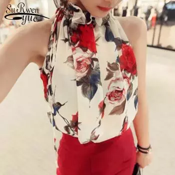 SURWENYUE модная шифоновая блузка без рукавов с принтом, летняя сексуальная женская одежда без бретелек на бретельках S чёрный
