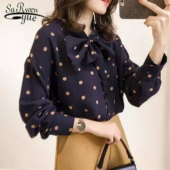 SURWENYUE модная шифоновая блузка с длинным рукавом с бантом и V-образным воротником OL блузка женская рубашка больших размеров Feminina M синий