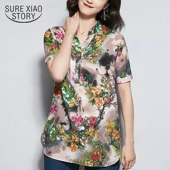 SURWENYUE модная шифоновая рубашка с короткими рукавами и принтом размера плюс, летний топ, женские рубашки, офисная блузка M красный