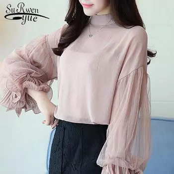 SURWENYUE модные шифоновые кружевные женские топы, шифоновая женская блузка, рубашка с длинными рукавами, женская одежда S белый