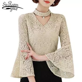 SURWENYUE модные женские топы, кружевная блузка, рубашка с расклешенными рукавами, полая рубашка, топы больших размеров M абрикосовый