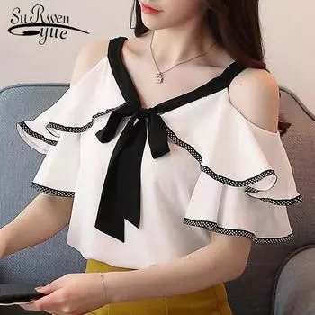 SURWENYUE модные женские топы с короткими рукавами, шифоновая рубашка, женская блузка с бантом, v-образным вырезом, женская одежда S белый