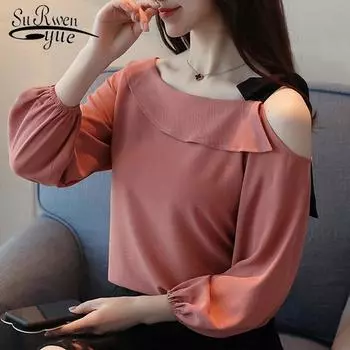 SURWENYUE шифоновая женская блузка рубашка с длинным рукавом сексуальная женская одежда с вырезом в горловине розово-белые топы XL