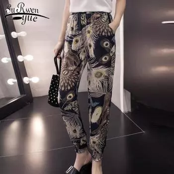 SURWENYUE шифоновые шаровары с принтом, свободные брюки больших размеров до щиколотки в богемном стиле, пляжные S
