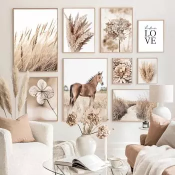 Сушеная трава, настенная живопись на холсте, настенный постер и принт, цветок тростника, пшеницы, одуванчика, лошади, настенные панно для декора гостиной 21x30cm No Frame