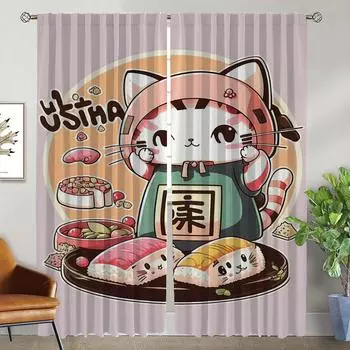 Sushi Cat Blackout Curtain for Room 2 Panel Home Interior Curtains for Camera Halloween Decoration Shades Partition Living Child W50xH70cmx2pcs-CL