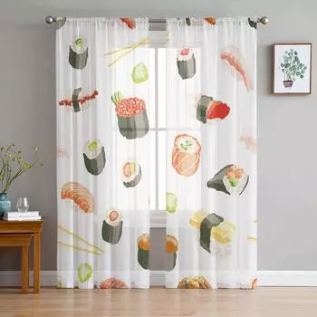 Sushi Japan Sheer Curtains for Living Room Decoration Window Curtains for Kitchen Tulle Voile Organza Curtains W135 x H115cm x1