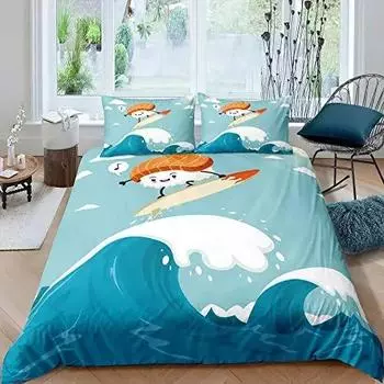 Sushi Surfer Duvet Cover Set Sushi Surfing At Sea Bedding Set for Kids Ocean Theme Comforter Cover Soft Polyester Quilt Cover 218x177cm 86x70in