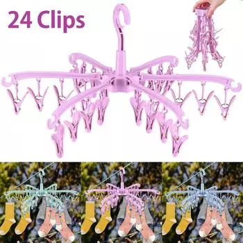 Сушильная стойка для носков 24 зажима Пластиковая вешалка для белья Вращающаяся вешалка Сушилка для носков Складная портативная сушилка для одежды 24 зелёный