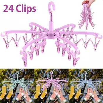 Сушилка для носков с 24 зажимами, пластиковая вешалка для белья, вращающаяся сушилка для одежды, переносная складная вешалка для носков, ветрозащитная 24