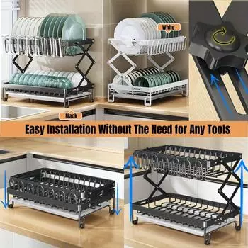 Сушилка для посуды, 2-слойная сушилка для посуды, кухонная столешница, черная полка для посуды, сушилка с регулируемой высотой чёрный