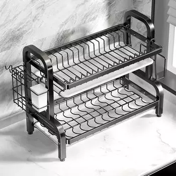 Сушилка для посуды, 2-уровневая, компактная, кухонная сушилка для посуды, комплект с большой сушилкой для посуды из нержавеющей стали с держателем для столовых приборов