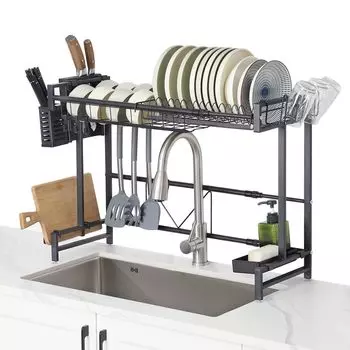 Сушилка для посуды Aieve Drainer Регулируемая ширина Большая емкость Присоска Space Glass Chopstick Разделочная доска Нож Кухонная посуда Сушилка для посуды Хранение чёрный