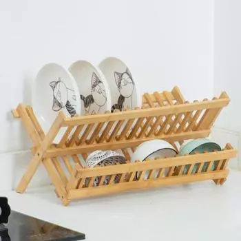 Сушилка для посуды, большая вместимость, 2-х уровневая, устойчивая, многоцелевая, складная, деревянная, бамбуковая сушилка для посуды с держателем для столовых приборов