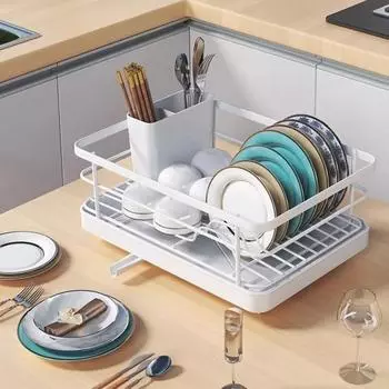 Сушилка для посуды Большая вместимость Нескользящая конструкция Устойчивый автоматический слив Простая установка Экономящая место кухонная сушилка для посуды с держателем для столовых приборов чёрный