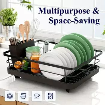 Сушилка для посуды для кухонной стойки, большая сушилка для посуды с дренажной доской, нержавеющая сушилка для посуды с держателем для посуды для раковины чёрный