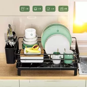 Сушилка для посуды Кухонная вилка Палочка для еды Ложка Миска Стеллаж для хранения Железные сушилки для посуды Автоматическая сливная полка Домашний органайзер Столовые приборы чёрный
