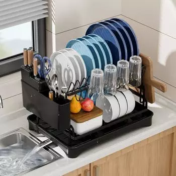 Сушилка для посуды, миска, кухонная полка для хранения, многоуровневый органайзер для кухонных принадлежностей, держатель для столовых приборов, сушилка для ножей и вилок чёрный