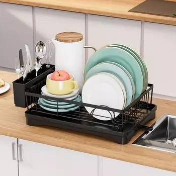Сушилка для посуды Прочная конструкция Экономия места Простая установка Кухонная столешница Сушилка для посуды Держатель для столовых приборов чёрный