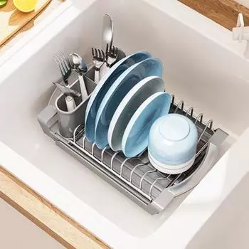 Сушилка для посуды с держателем для столовых приборов, большая вместимость, прочная несущая столешница, выдвижная сушилка для посуды с дренажной доской чёрный