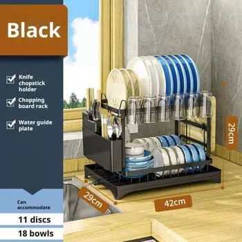 Сушилка для посуды с подставкой для сушки посуды, двухслойная, большой емкости, устойчивая к ржавчине, прочная, многофункциональная, держатель для стаканов и столовых приборов чёрный