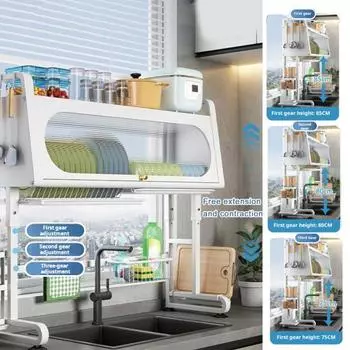 Сушка для посуды над раковиной с крышкой, регулируемая по высоте, сушилка для тарелок, прочная, из углеродистой стали, большая кухонная полка для хранения L белый