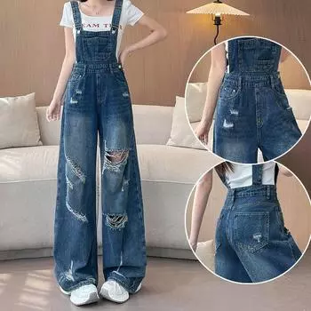 Suspenders Straight-leg Denim Women 2025 New Arrival Summer Thin Drape Loose Personality Fashion Wide-Leg Pants Retro Blue-pants XS