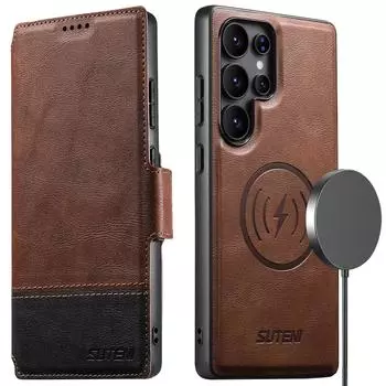 SUTENI Q-06 Для Samsung Galaxy S23 Ultra Чехол Цветная Склейка Магнитный Съемный Кожаный Чехол для Телефона Brown