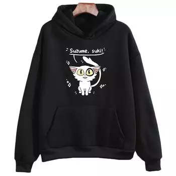 Suzume No Tojimari Daijin, белая толстовка с котом, женская толстовка с рисунком Kawaii/милые Neko Suki, одежда с графикой в стиле манга, флисовая одежда на осень/зиму, СВОБОДНЫЕ L