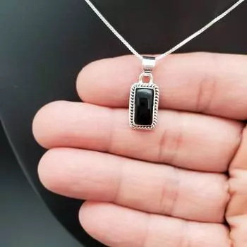 SV #11 | Прямоугольный кулон из черного оникса 6x12 мм с серебряной цепочкой | Ожерелье с подвеской из стерлингового серебра и черного оникса | Подвеска Southwest 16=20 чёрный