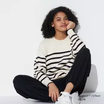 СВИТЕР UNIQLO ИЗ ГЛАДКОГО ХЛОПКА В ПОЛОСКУ С КРУГЛЫМ ВЫРЕЗОМ (ДЛИННЫЙ РУКАВ)