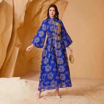 SW67 Этническое вечернее платье с пайетками и выжженным узором с рукавами-буфами для мусульманок - стиль джалабия Double Extra Large синий