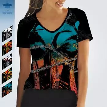 SW Летние футболки с V-образным вырезом и 3D-графикой, одежда с коротким рукавом для женщин, модные винтажные топы, женская футболка из полиэстера Amekaji S