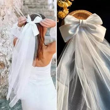 Свадебная фата из сетки с бантом, двухслойная сетка, сказочный эффект, свадебная фата белый
