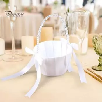 Свадебная корзина для девочек-цветочниц, атласная белая корзина с бантом и ручкой из искусственного жемчуга, ручная свадебная корзина для декора церемонии и вечеринки белый